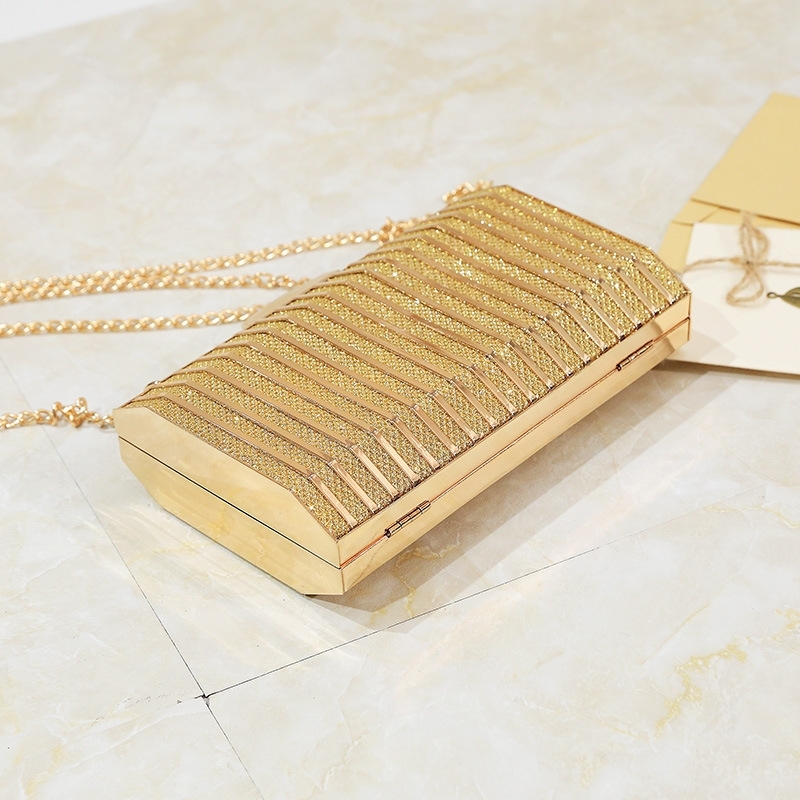 Gold Glitter Stripe Evening Bag Chain Box Clutch Purse