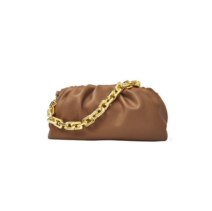 Gold Chain Brown Over Size Genuine Leather Pouch Bag Slouchy Clutches