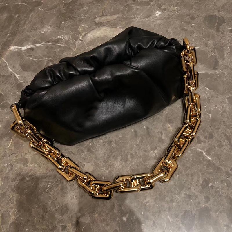 Gold Chain Black Over Size Genuine Leather Pouch Bag Slouchy Clutches