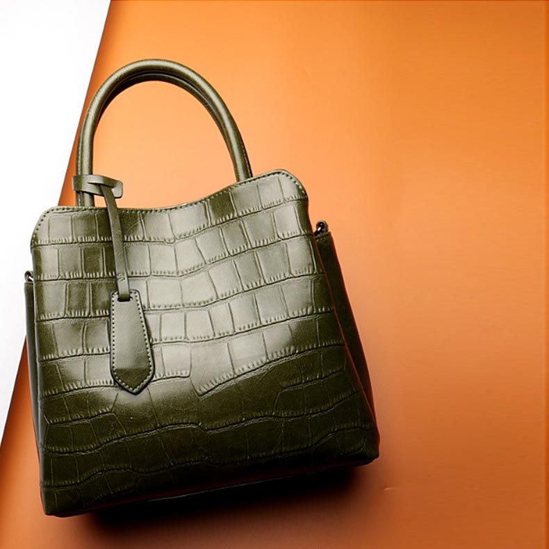 Green Croc Embossed Genuine Leather Handbags Satchel Bags for Work