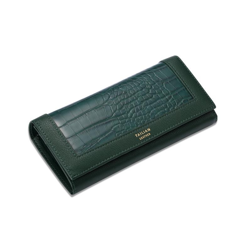 Green Croc Printed Long Wallet Fashion Wallet with Button 
