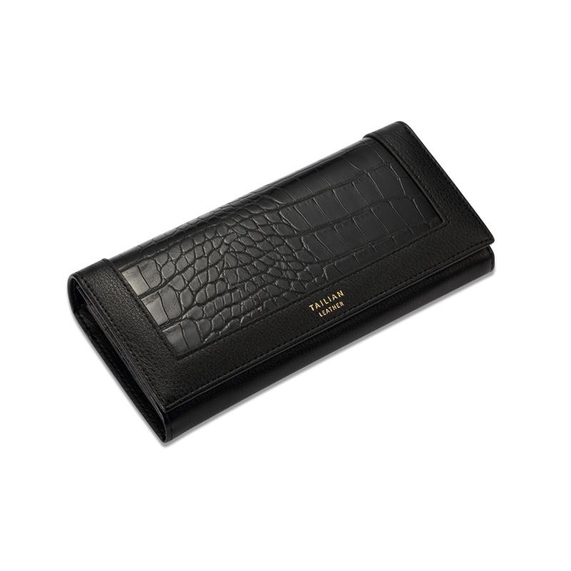Black Croc Printed Long Wallet Fashion Wallet with Button 