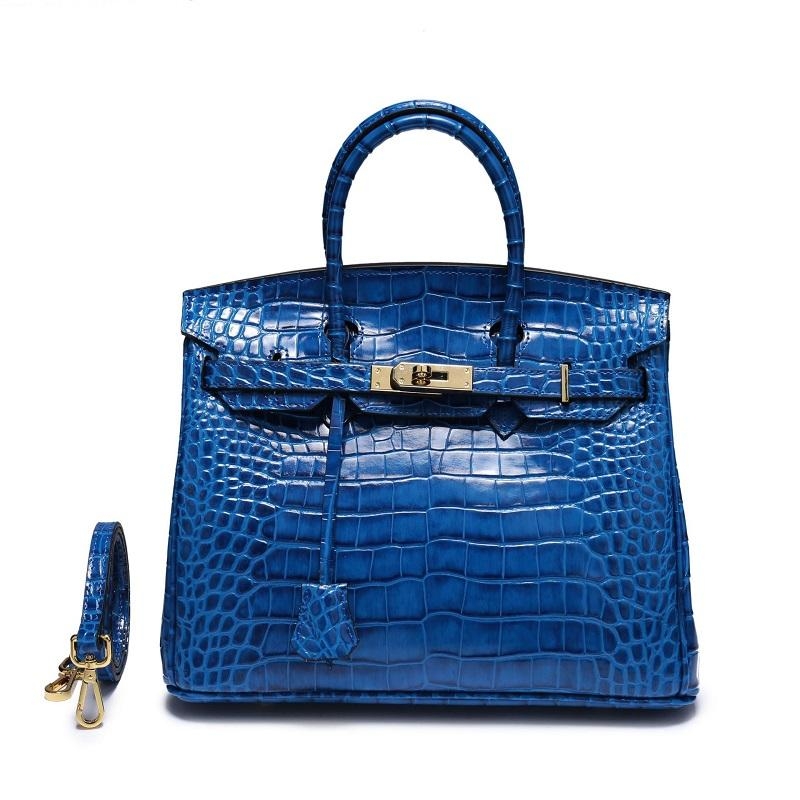 Small Size Blue Croc-effect Leather Handbags Metal Lock Satchel Bags