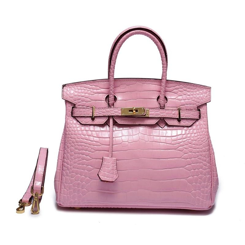 Small Size Pink Croc-effect Leather Handbags Metal Lock Satchel Bags