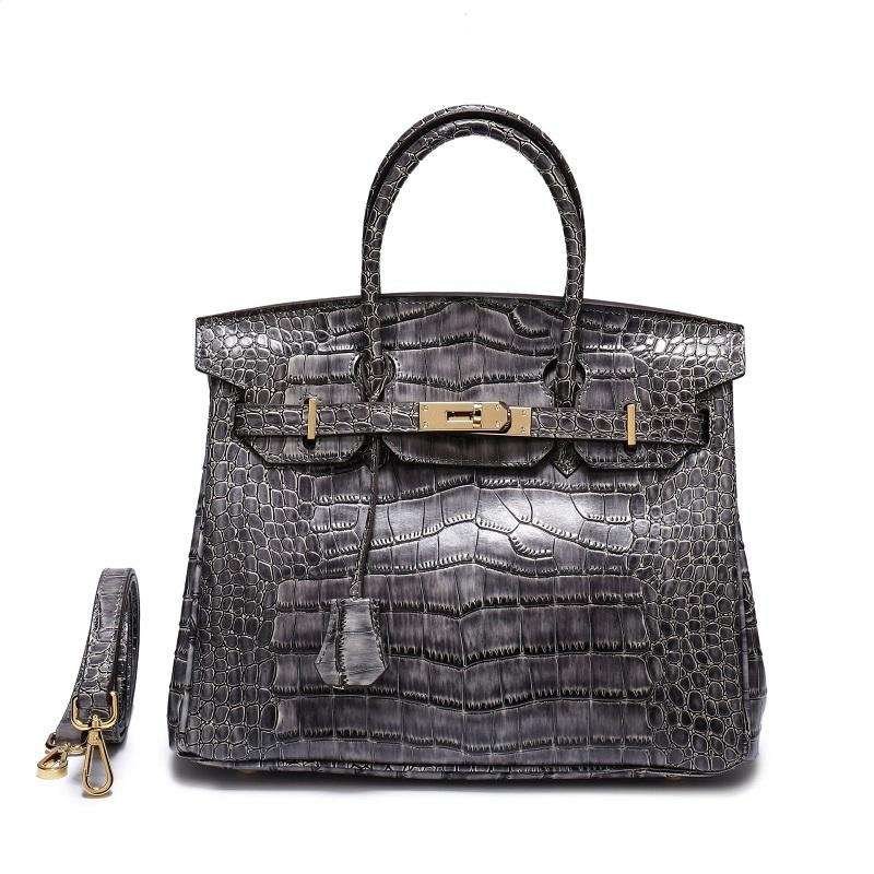 Beige Croc Embossement Leather Handbags Metal Lock Satchel Bag