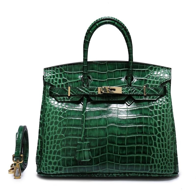 Beige Croc Embossement Leather Handbags Metal Lock Satchel Bag