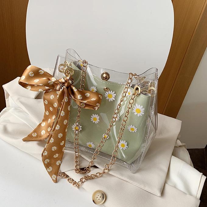 Khaki Daisy Printed Inner Pouch Clear Bag Chain Shoulder Bags | Baginning
