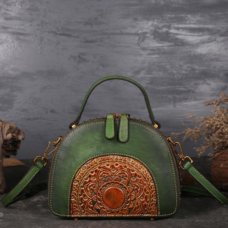 Green Leather Embossed Vintage Bags Top Handle Crossbody Purse