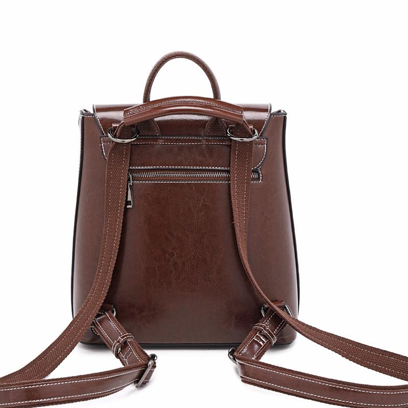 Brown Genuine Leather Magnetic Flap Girls Backpack