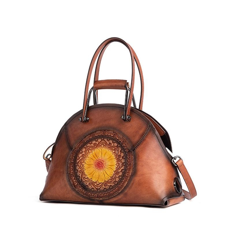 Brown Genuine Leather Retro Flower Embossed Crossbody Bag Hand Purse