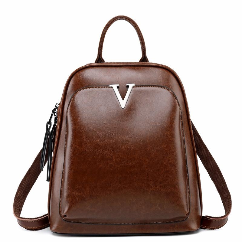 Coffee Genuine Leather Top Handle Zipper Everyday Backpack