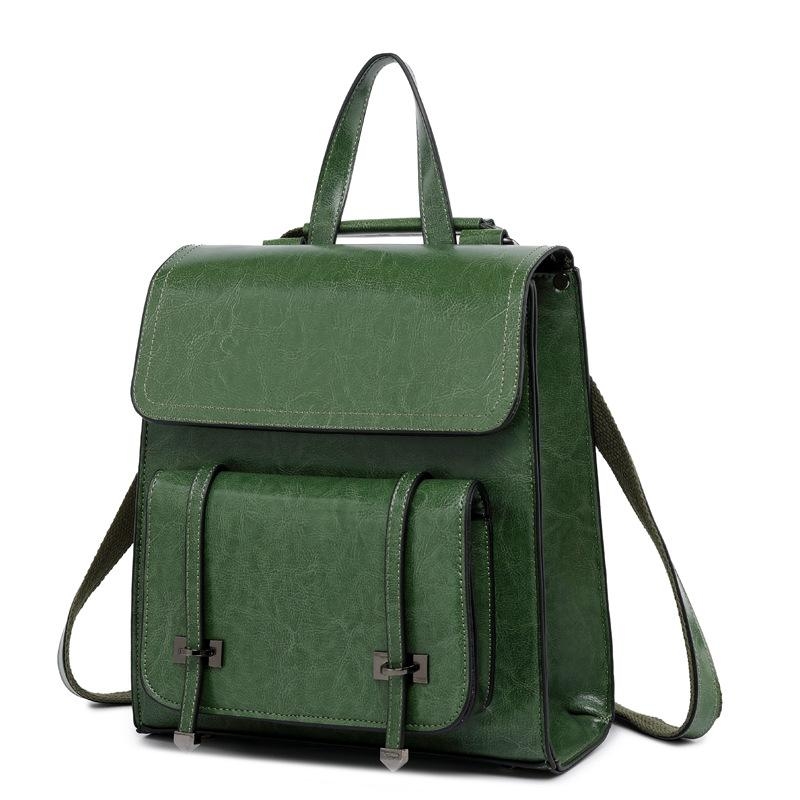 Green Genuine Leather Vintage Flap Backpack for College