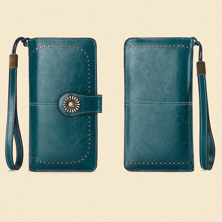 Green Hollow out Retro Leather Long Wallet | Baginning