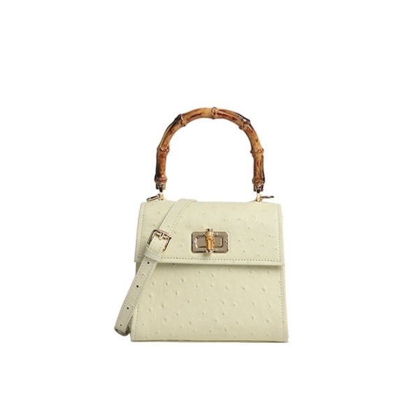 White Ostrich Embossed Leather Satchel Purse Bamboo Handle Handbag