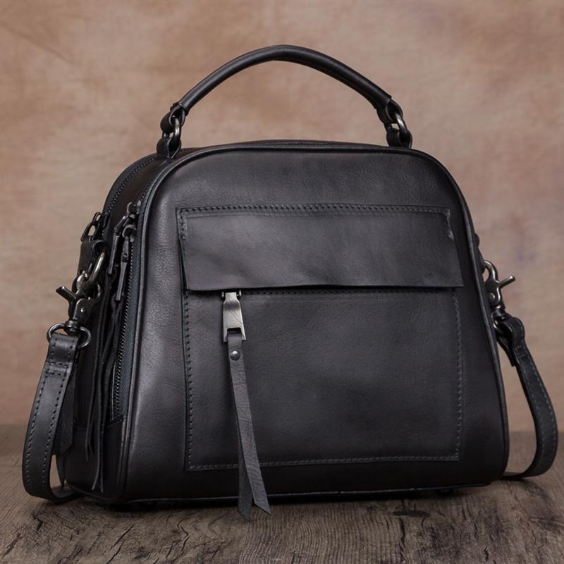 Black Retro Cow Leather Handbags Shoulder Bags