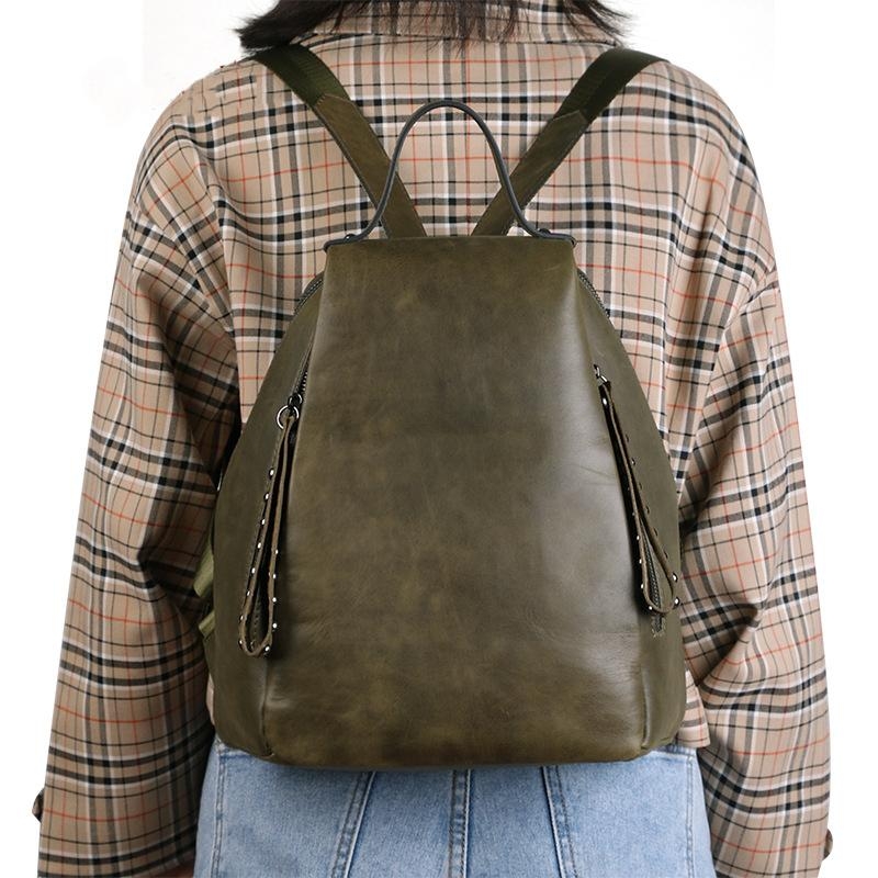 Black Retro Leather Backpack Studs Zipper Large Backpacks
