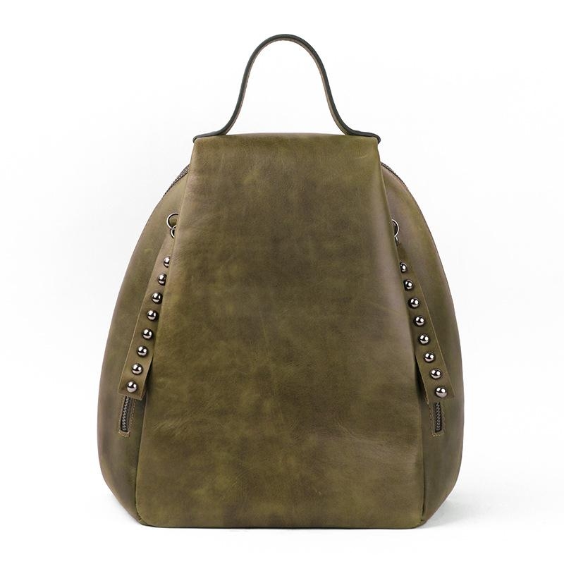 Green Retro Leather Backpack Studs Zipper Large Backpacks