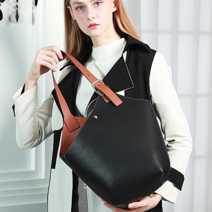 Black Shoulder Leather Handbags Adjustable Strap Unique Bucket Bags