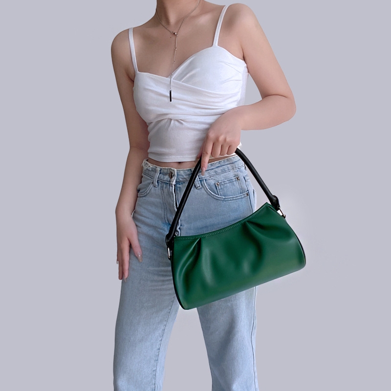 Green Top Handle Hand Bag Ruched Zipper Hand Purse
