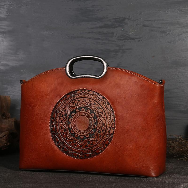 Brown Vintage Floral Embossed Leather Handbags Satchel Bag