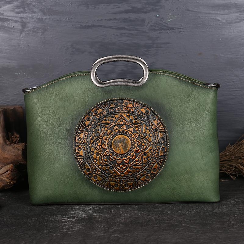 Green Vintage Floral Embossed Leather Handbags Satchel Bag