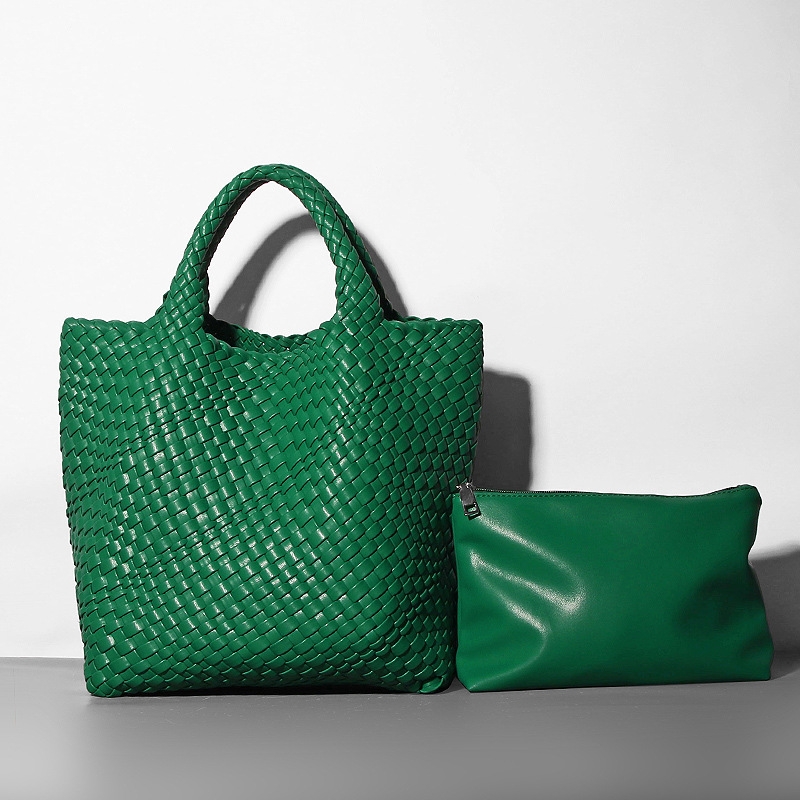 Dark Green Woven Vegan Leather Shopper Bag Large Handbag Soft Purse for  Work