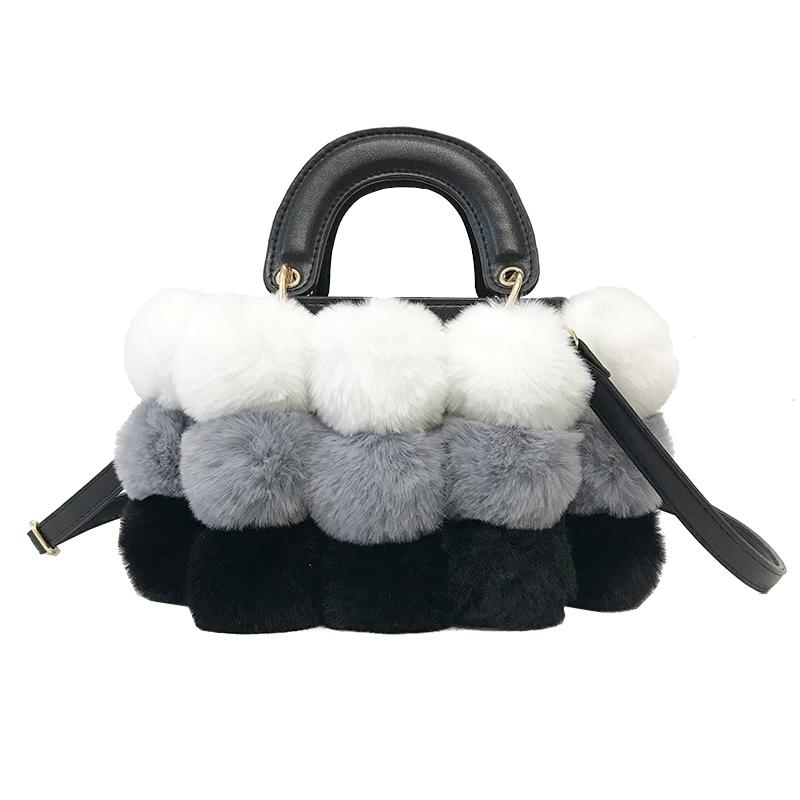 Grey and White Faux Fur Hand Purse Pompom Shoulder Handbags