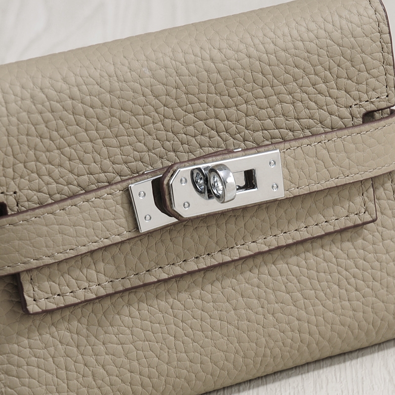 Grey Belt Lock Genuine Leather Wallet Litchit Grain Short Wallet