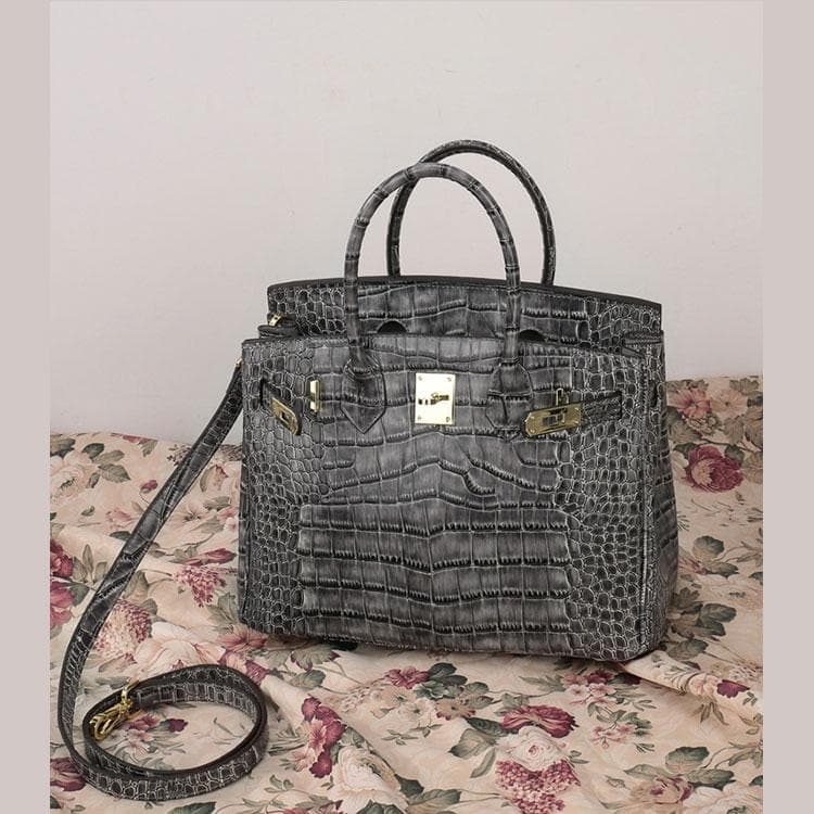 Grey Croc Embossement Leather Handbags Metal Lock Satchel Bag