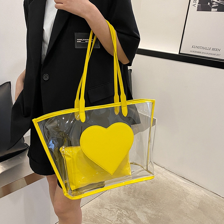 Yellow Heart PVC Large Tote Bag Clear Totes with Inner Pouch