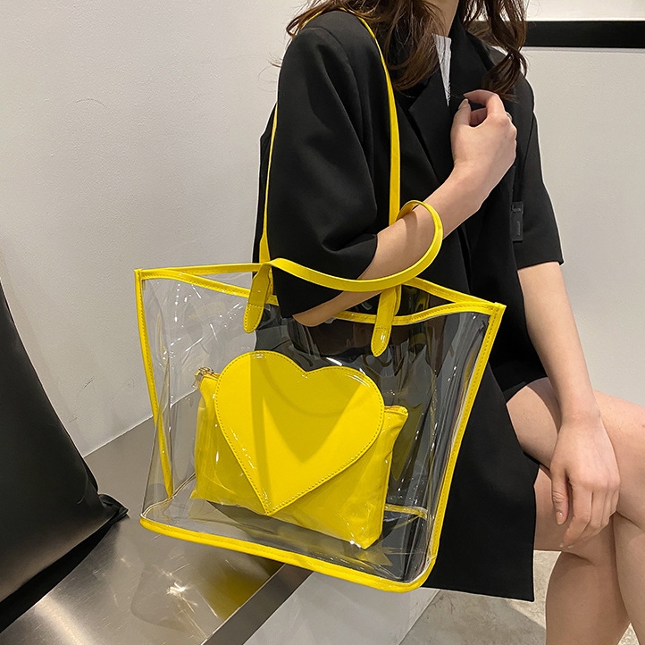 Yellow Heart PVC Large Tote Bag Clear Totes with Inner Pouch
