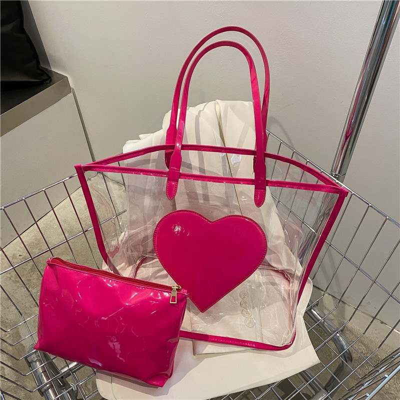 Magenta Heart PVC Large Tote Bag Clear Totes with Inner Pouch