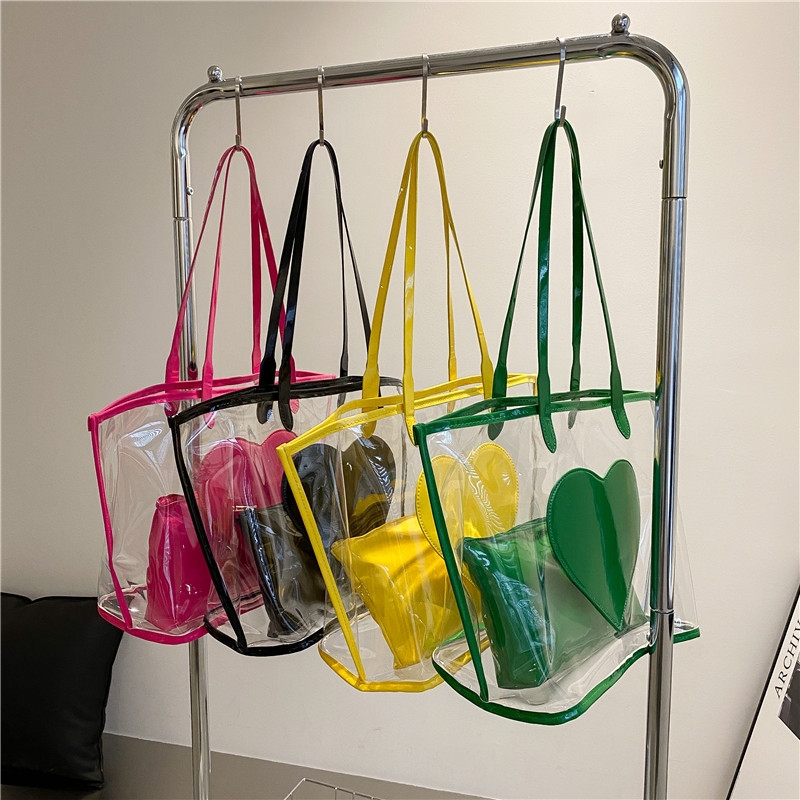 Green Heart PVC Large Tote Bag Clear Totes with Inner Pouch
