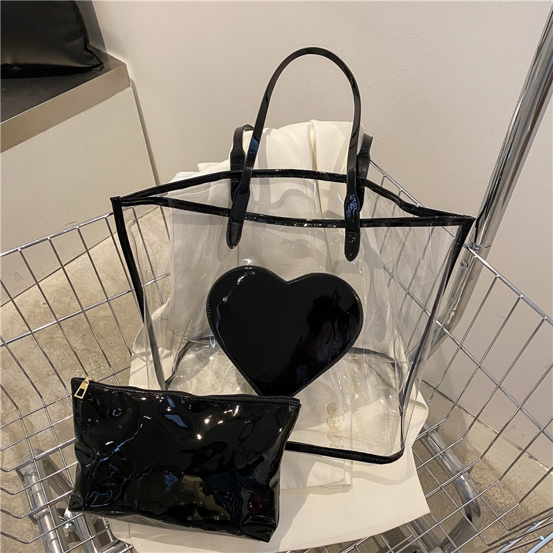 Green Heart PVC Large Tote Bag Clear Totes with Inner Pouch