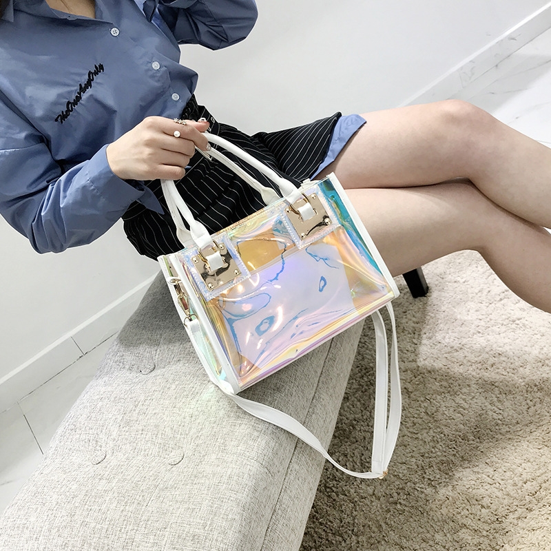 Black Holographic Satchel Bag Inside Pouch Clear Jelly Handbags