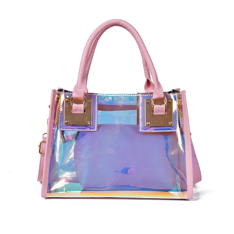 Black Holographic Satchel Bag Inside Pouch Clear Jelly Handbags