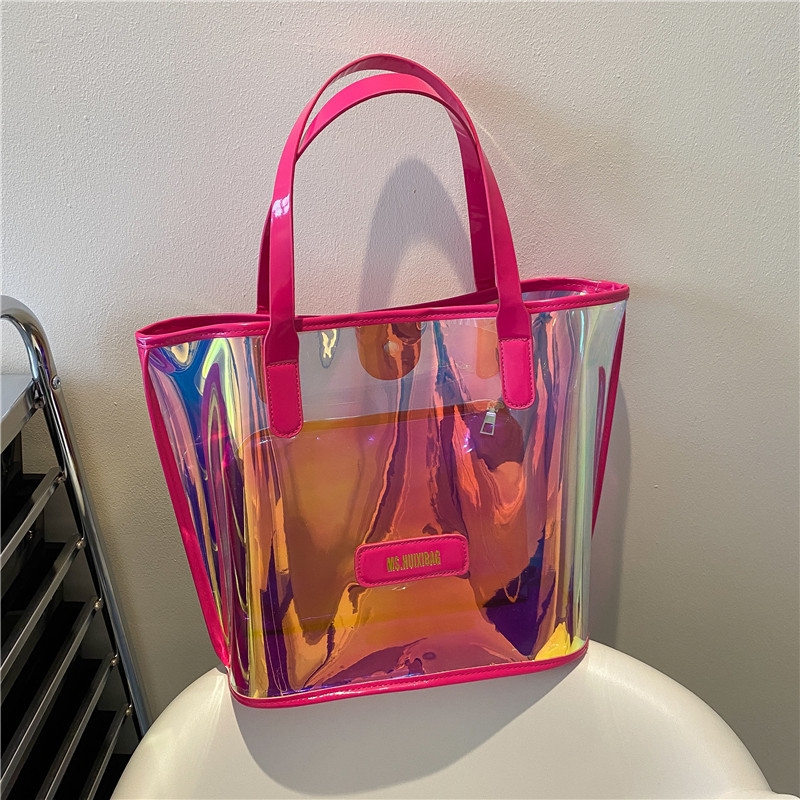 Fuchsia Holographic Tote Bag Inside Pouch Clear Jelly Totes
