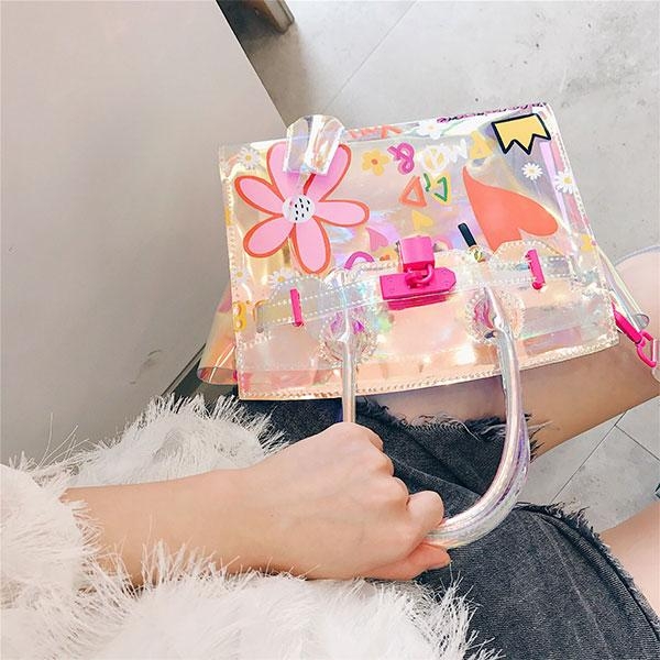 Medium Pink Floral Holographic Satchel Handbags Shoulder Clear Purse