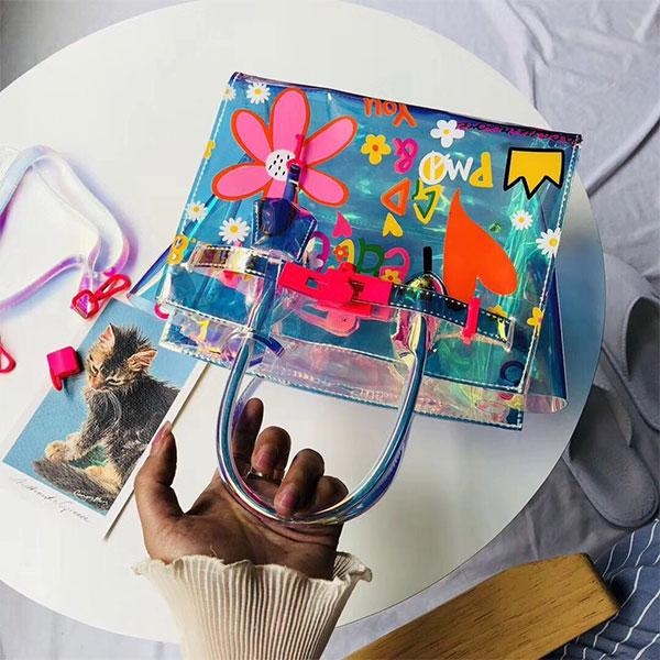 Large Pink Floral Holographic Satchel Handbags Shoulder Clear Purse