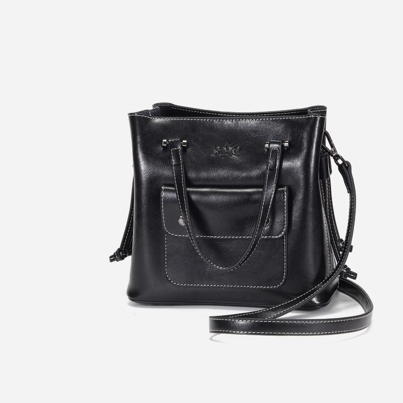 Black Oil Leather Handbag Vintage Crossbody Top Handle Bag For Work