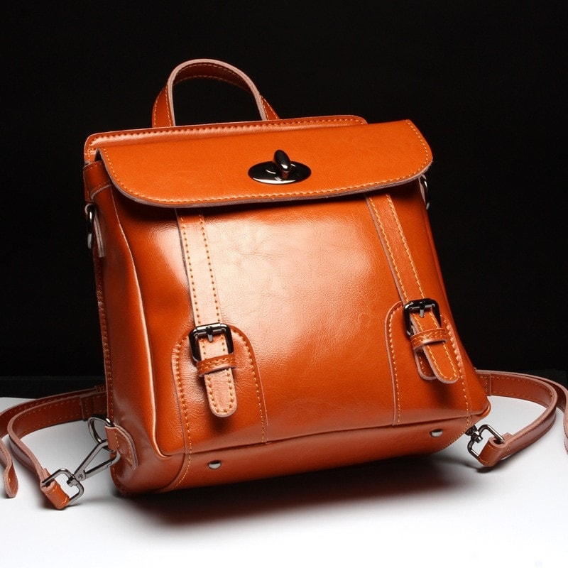 Brown Genuine Leather Backpack Preppy Style Retro College Satchel Bags