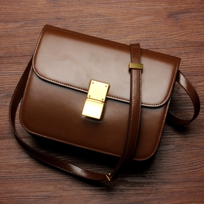 Brown Flap Genuine Leather Square Shoulder Message Bag