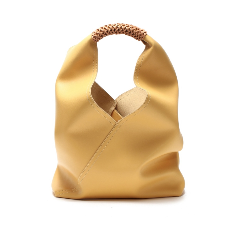 Yellow Large Leather Woven Handle Bucket Handbags With Pockets