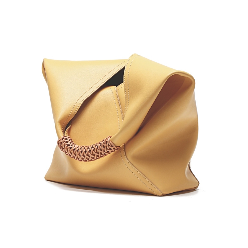 Yellow Large Leather Woven Handle Bucket Handbags With Pockets