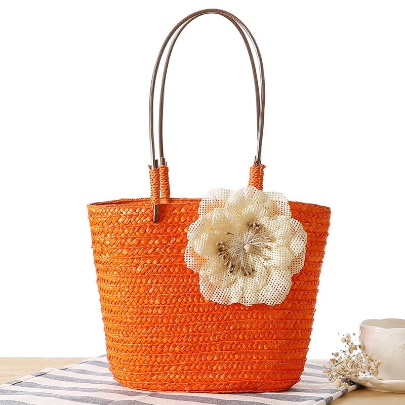 Beige Straw Beach Bag Flower Summer Tote Bag for Honeymoon
