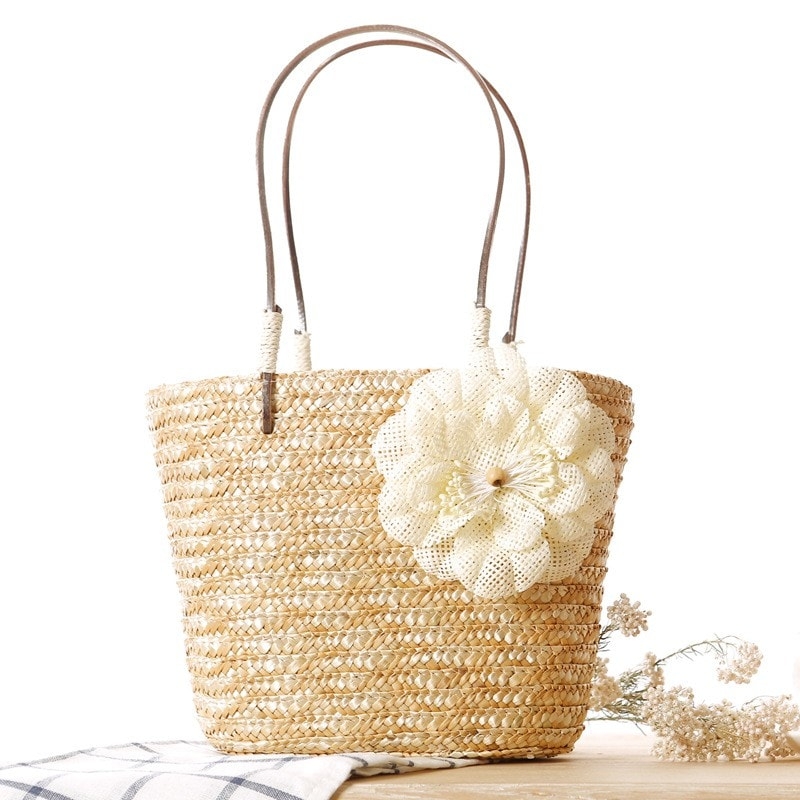 Beige Straw Beach Bag Flower Summer Tote Bag for Honeymoon