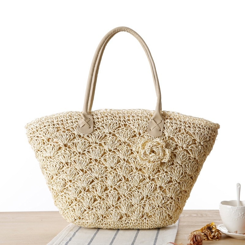 Beige Beach Tote Woven Summer Simple Bag for Travelling