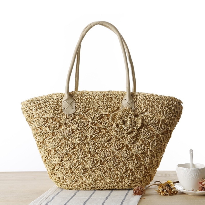 Beige Beach Tote Woven Summer Simple Bag for Travelling
