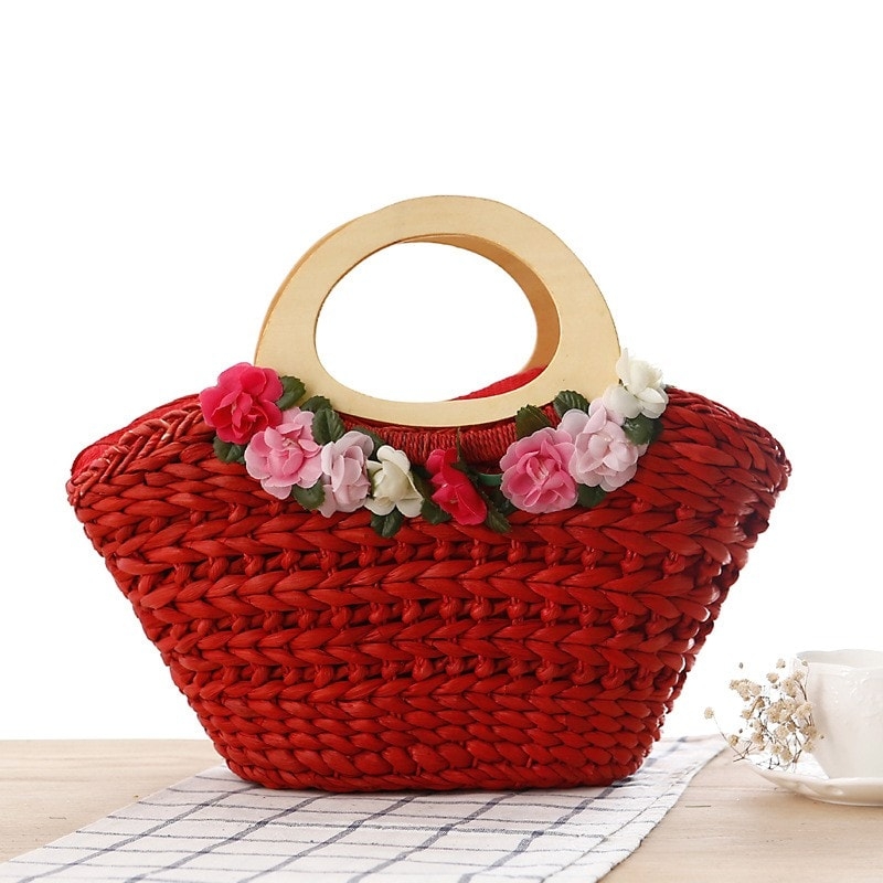 Red Woven Beach Bag Flower Handbag for Travelling