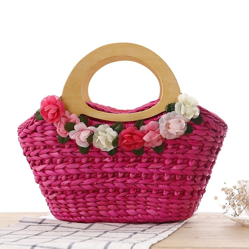 Brick Red Woven Beach Bag Flower Handbag for Travelling